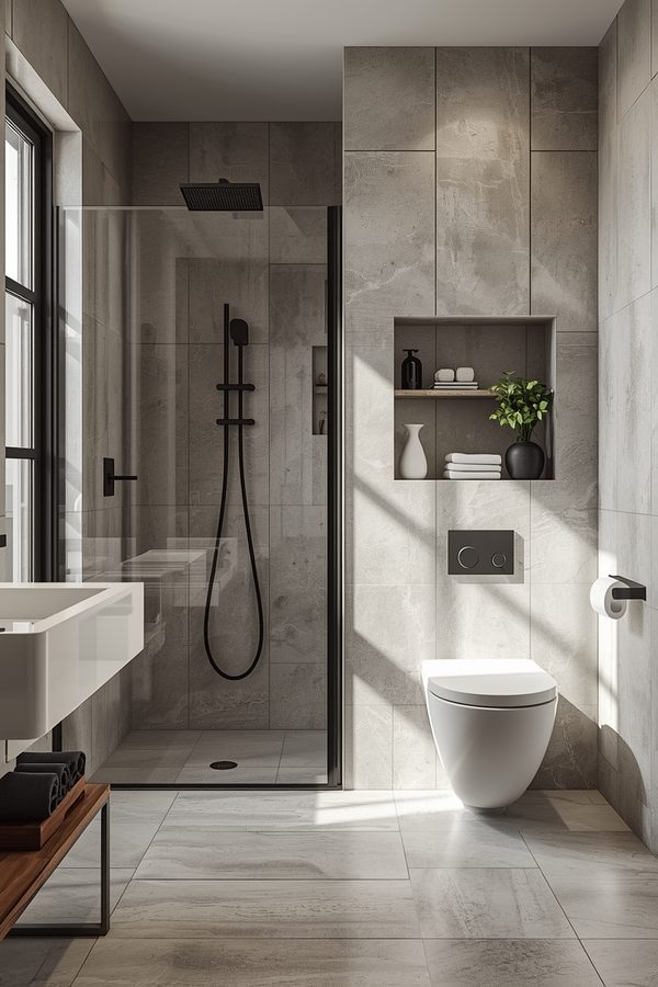 Contemporary style — grey stone large format tile installation by Top Tile BC Service Victoria